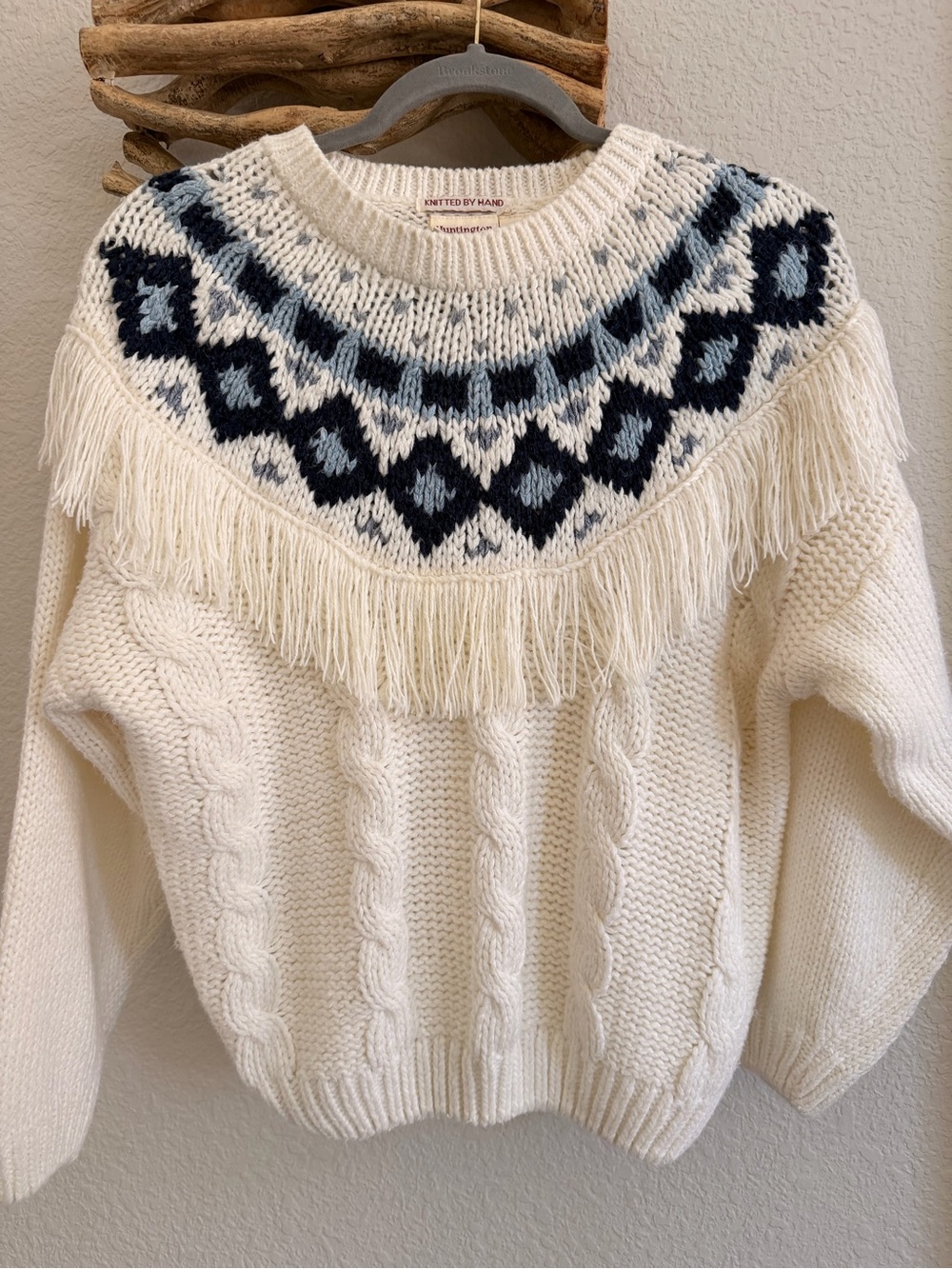Immaculate VTG Huntington Ridge Hand-Knitted Fringe Sweater Sz M FAIR ISLE